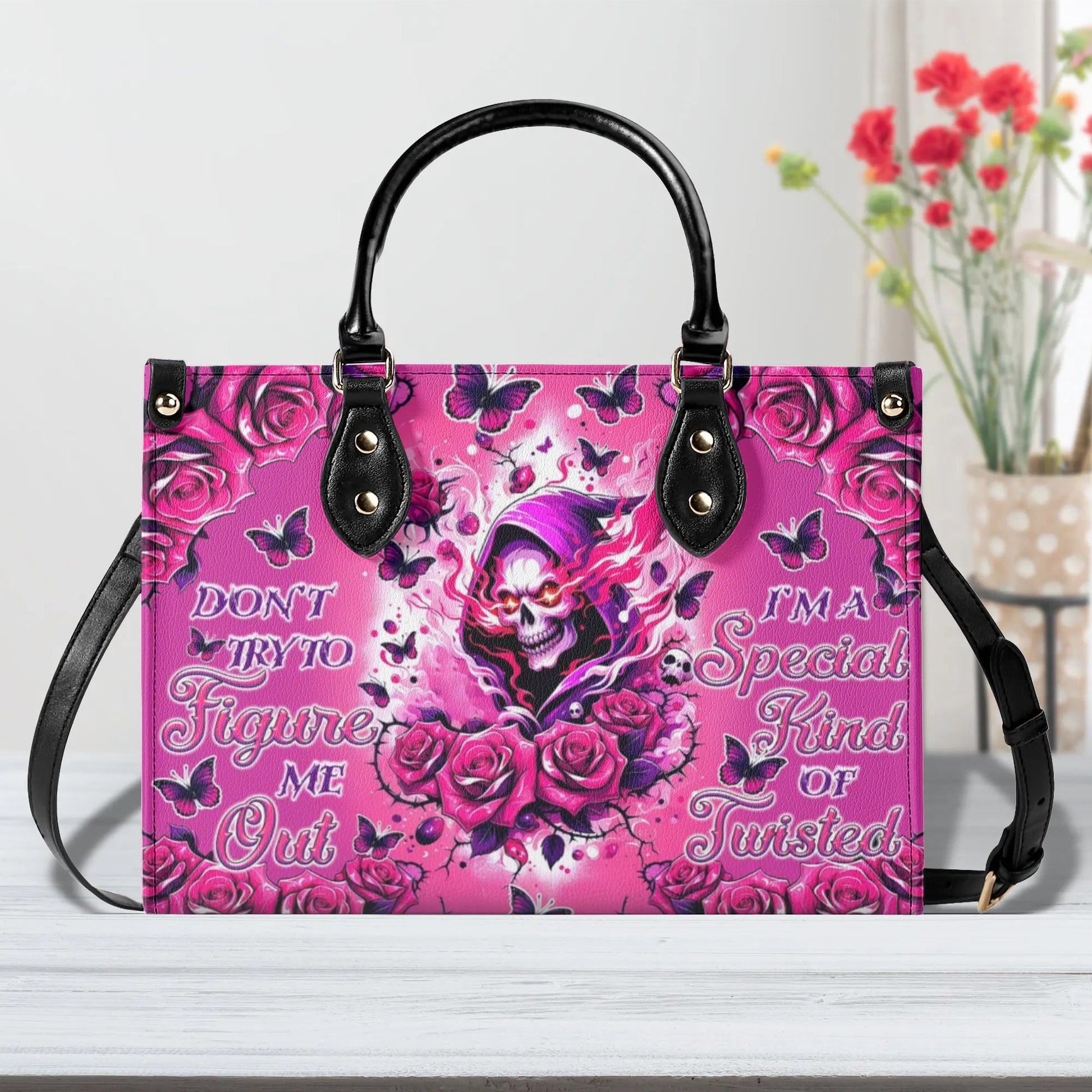 DON'T TRY TO FIGURE ME OUT SKULL REAPER ROSE LEATHER HANDBAG - TLTR3007245