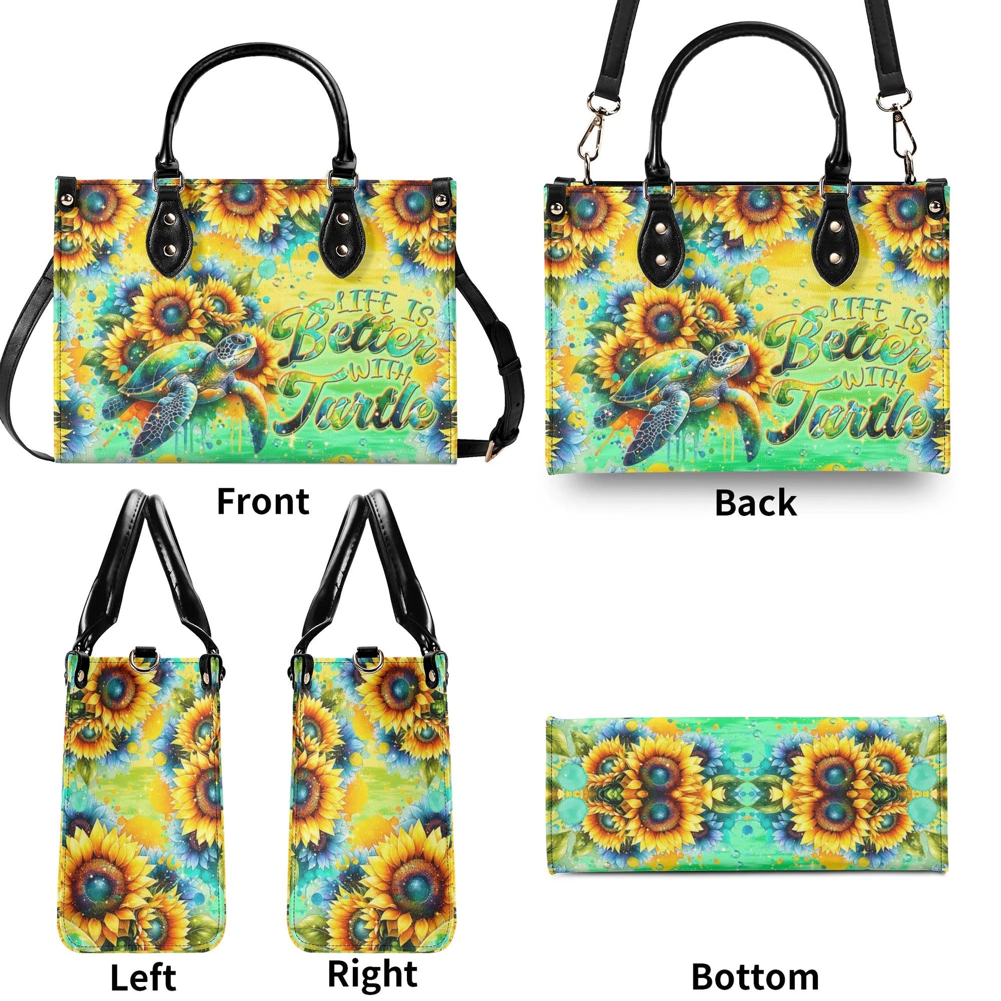 Bigcrowns LIFE IS BETTER WITH TURTLE SUNFLOWER LEATHER HANDBAG T2108244