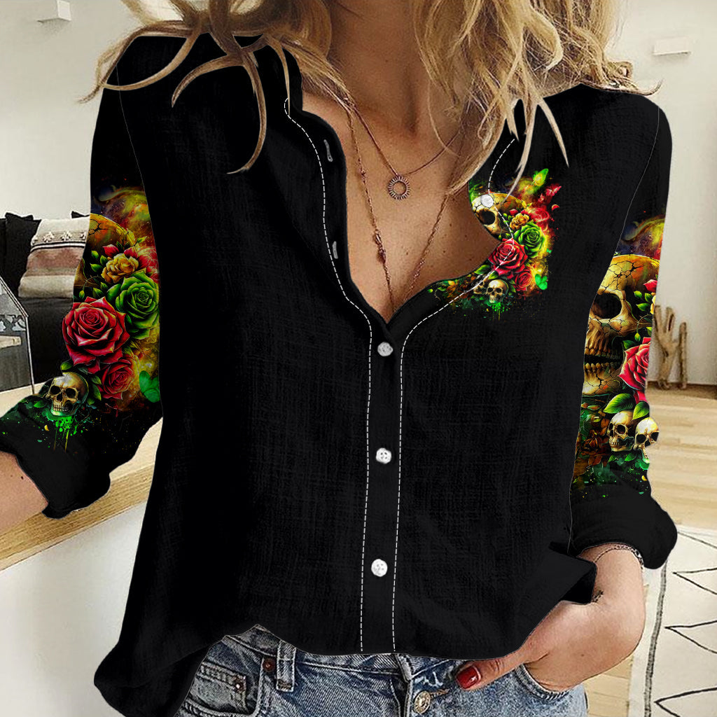 Rose Skull Women Casual Shirt Stuck Between IDK IDC