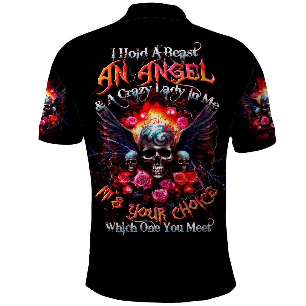 Rose Skull Polo Shirt I Hold A Beast A Angel And A Crazy Lady In Me