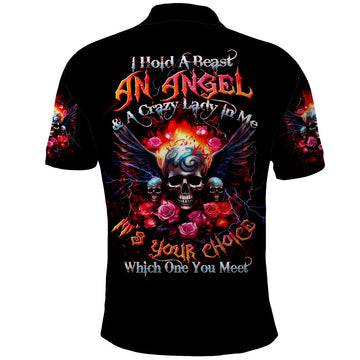 Rose Skull Polo Shirt I Hold A Beast A Angel And A Crazy Lady In Me