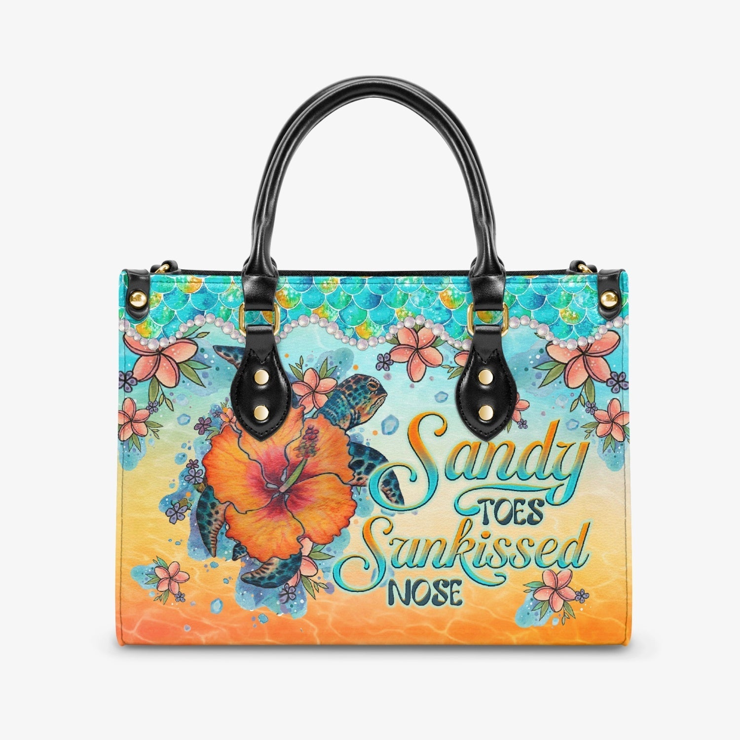 Bigcrowns SANDY TOES SUNKISSED NOSE TURTLE HIBISCUS LEATHER HANDBAG W3003242