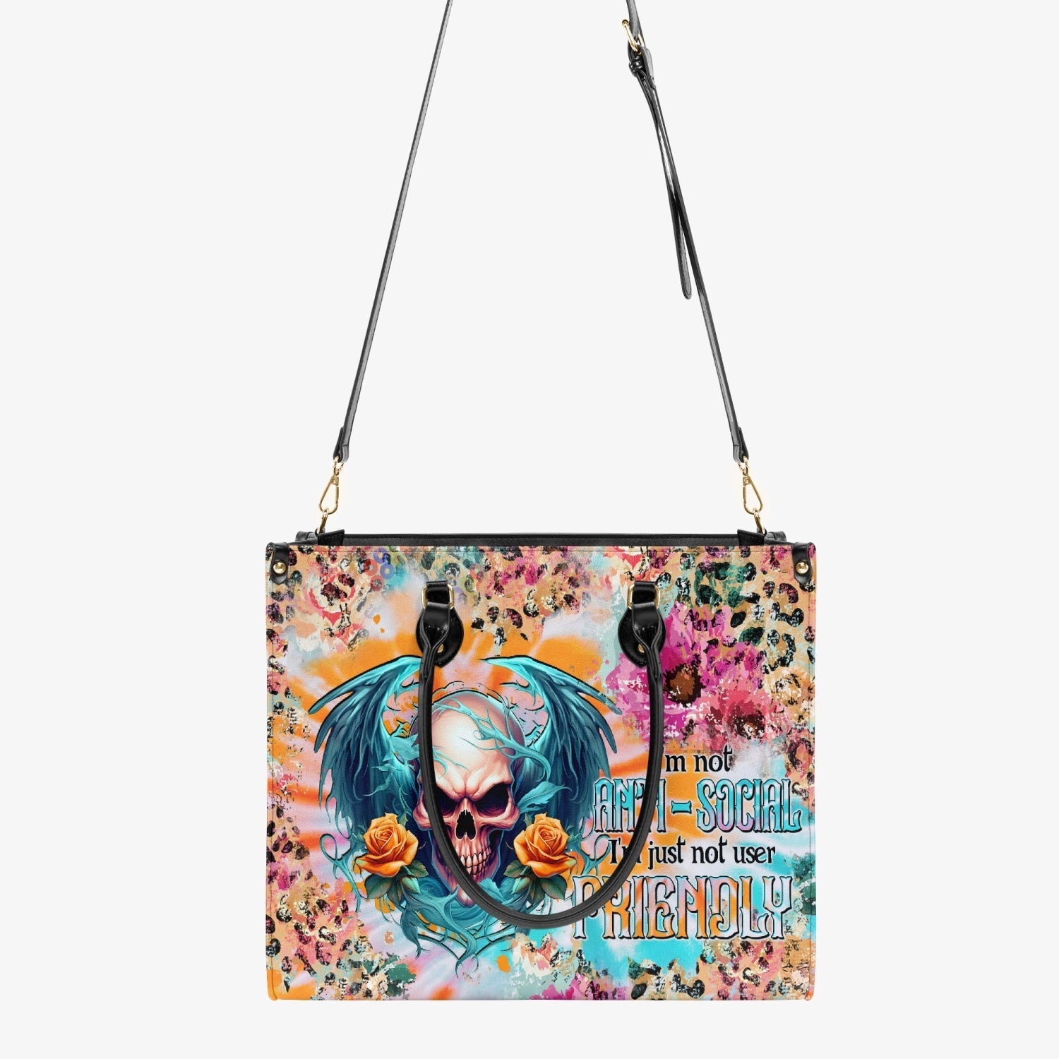 I'M NOT ANTI-SOCIAL SKULL WINGS TIE DYE LEATHER HANDBAG - TLTW0504241