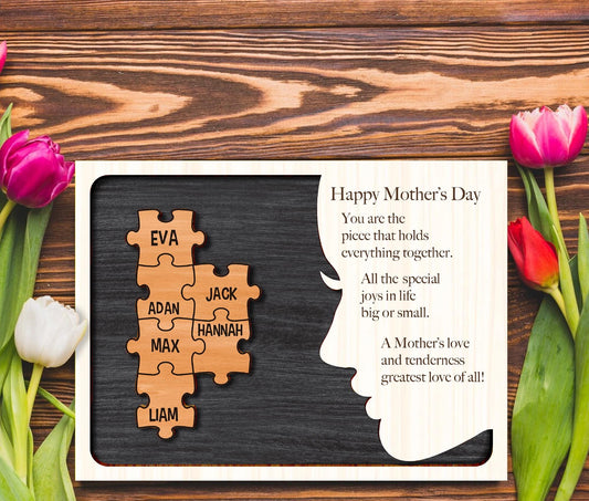 Personalized Family Puzzle Piece Sign, You are the Piece that Holds Us Together, Custom Kids Names Wood Sign Gift for Mom, Mother's Day