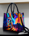 Camping At Night With Campfire Leather Handbag