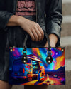 Camping At Night With Campfire Leather Handbag