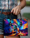 Camping At Night With Campfire Leather Handbag