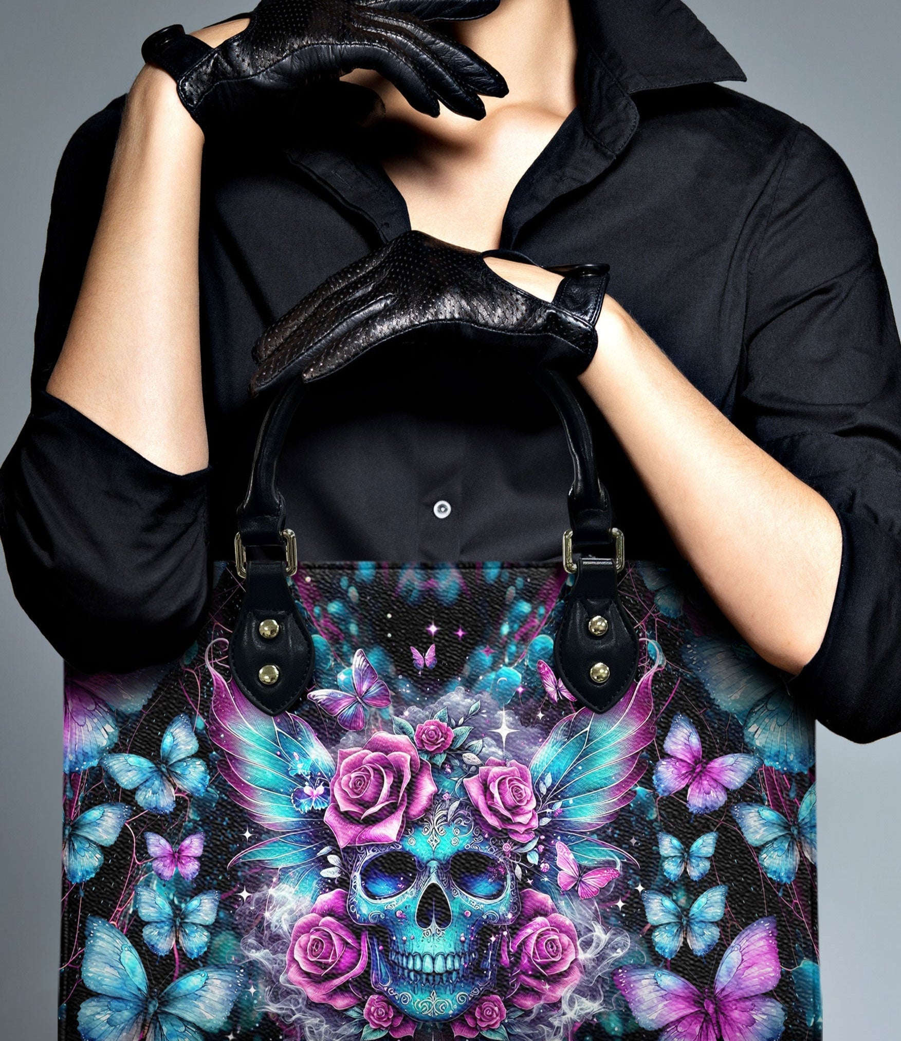 SKULL ROSES LEATHER HANDBAG - YHDU1406243