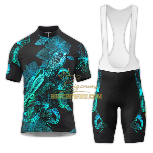 BigCrowns |  Samoa Polynesian Turtle Blooming Hibiscus Cyan Sleeve Cycling Kit
