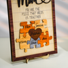 Mom Puzzle Sign With Holder, Mother's Day Gift From Kids, You Are The Piece That Holds Us Together, Personalized Unique Engraved Wood Sign