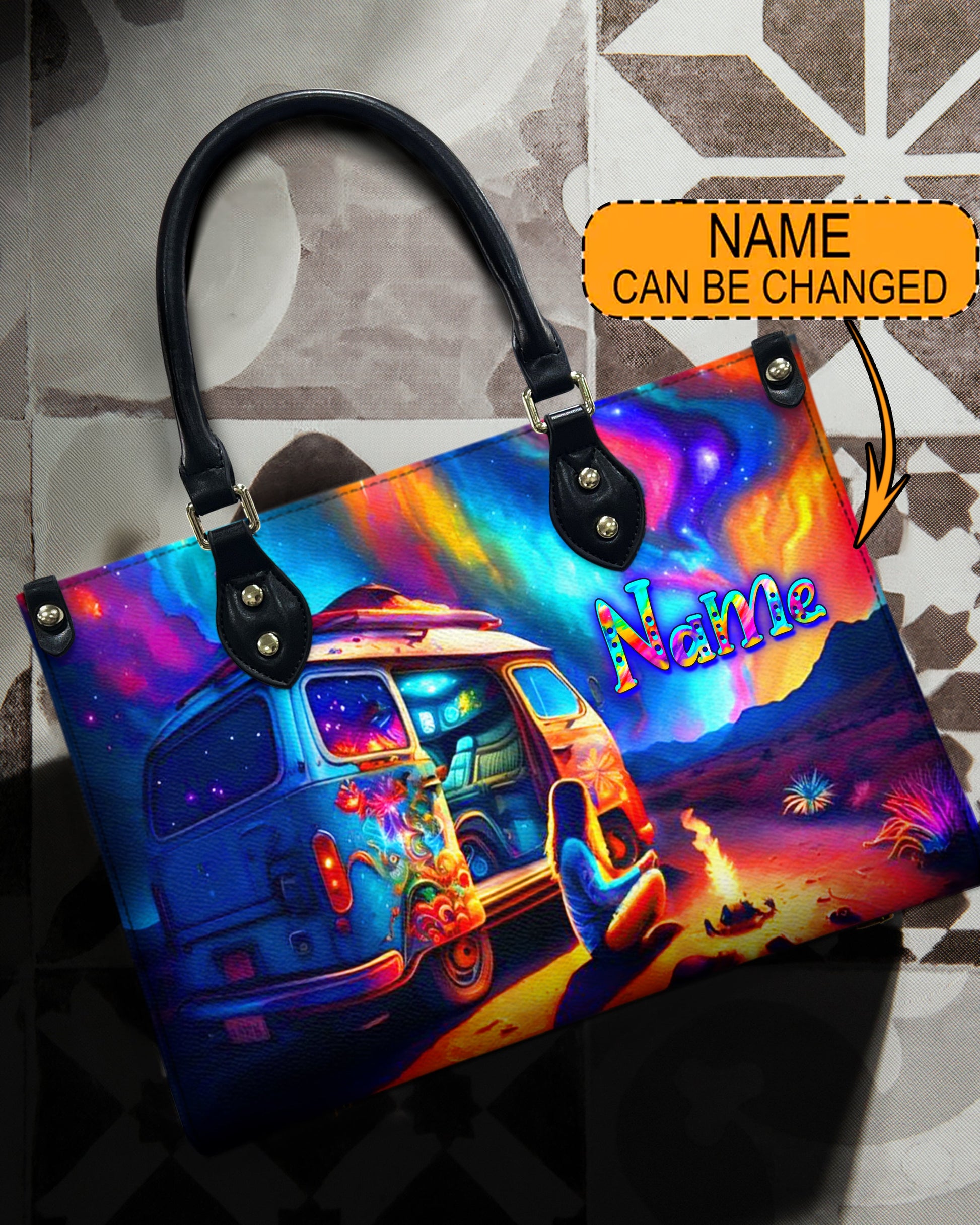 Bigcrowns CAMPING AT NIGHT WITH CAMPFIRE LEATHER HANDBAG YHDU1012244