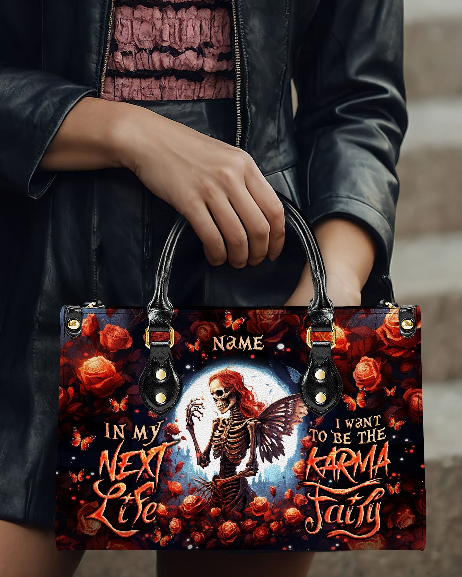 KARMA FAIRY SKELETON ROSE MOON LEATHER HANDBAG - TLNO2903243