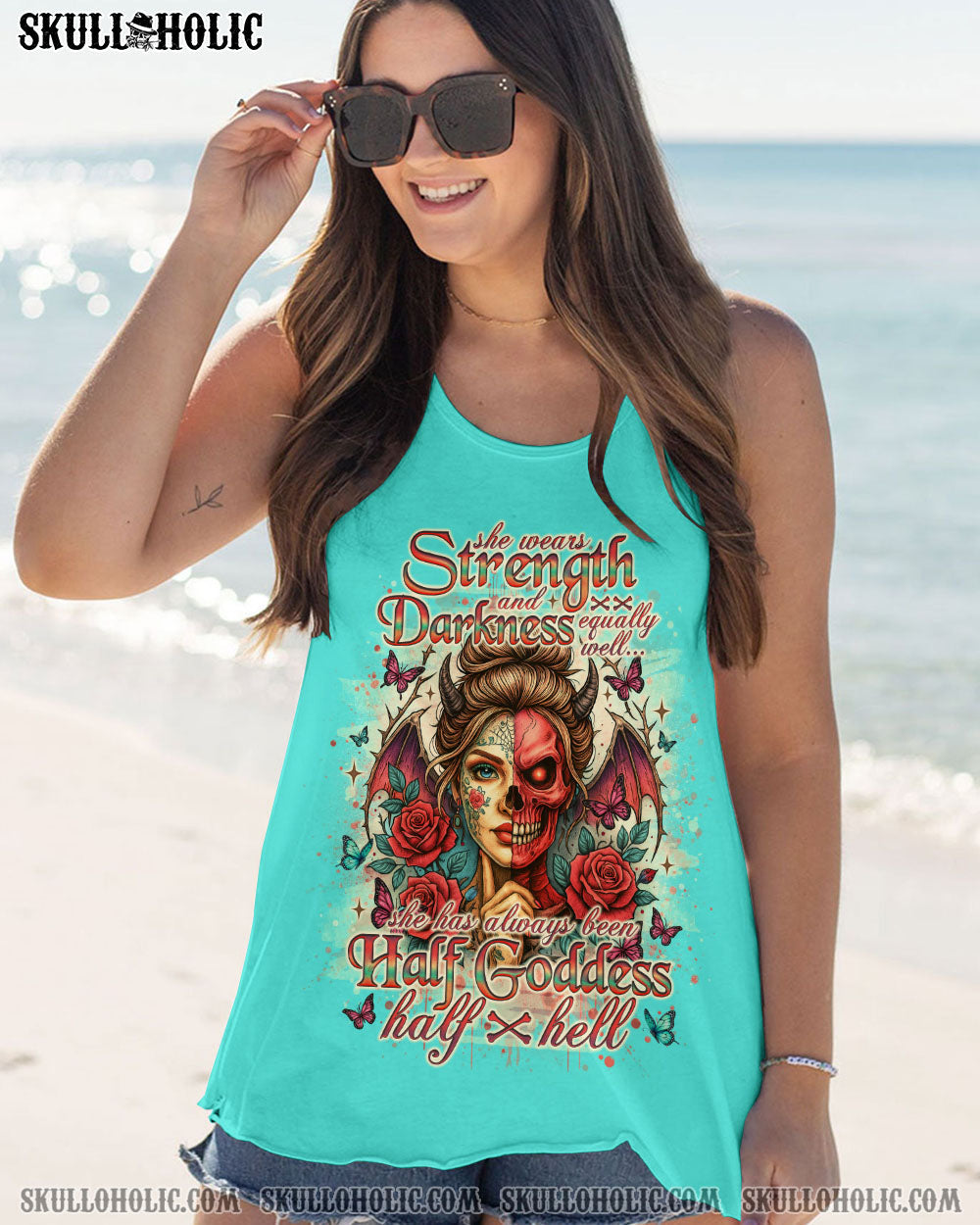 SHE WEARS STRENGTH AND DARKNESS SKULL LADY ALL OVER PRINT - TLNO1504251