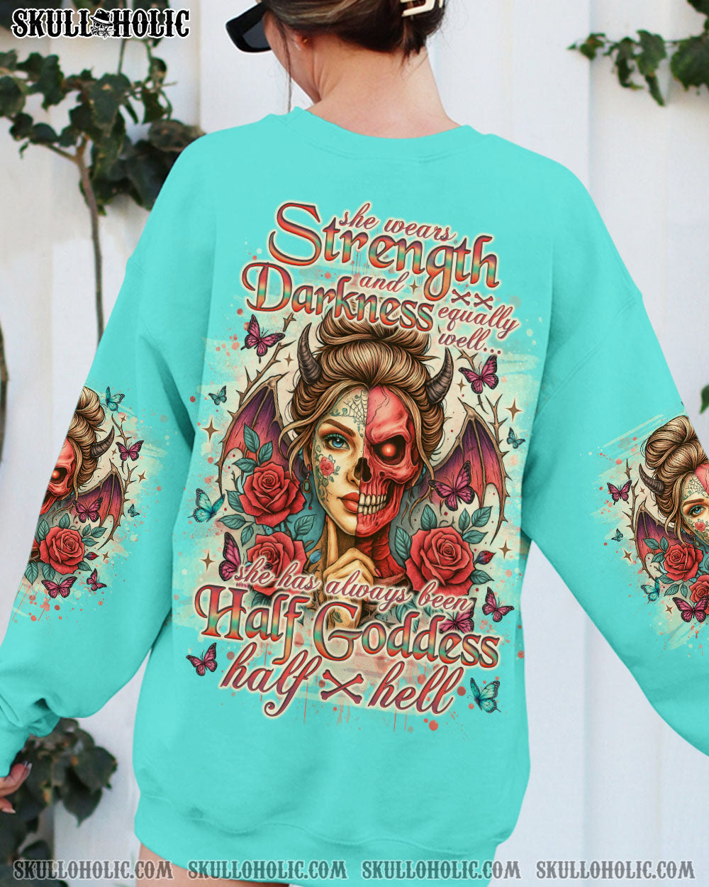 SHE WEARS STRENGTH AND DARKNESS SKULL LADY ALL OVER PRINT - TLNO1504251