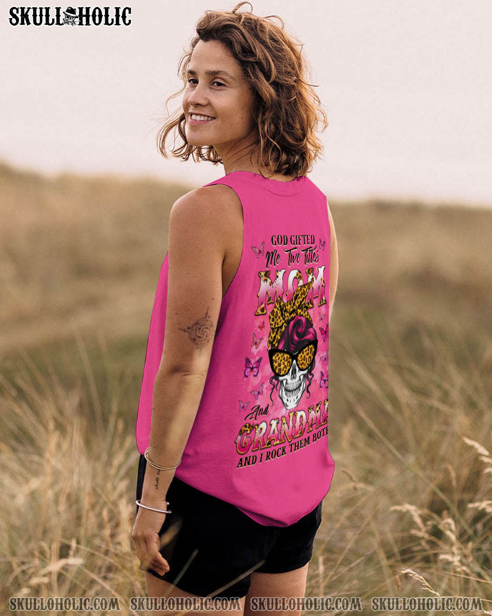 GOD GIFTED ME TWO TITLES MOM AND GRANDMA MESSY BUN SKULL ALL OVER PRINT  - TLNZ0204251