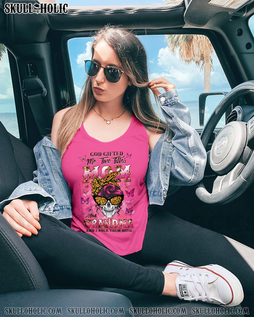 GOD GIFTED ME TWO TITLES MOM AND GRANDMA MESSY BUN SKULL ALL OVER PRINT  - TLNZ0204251