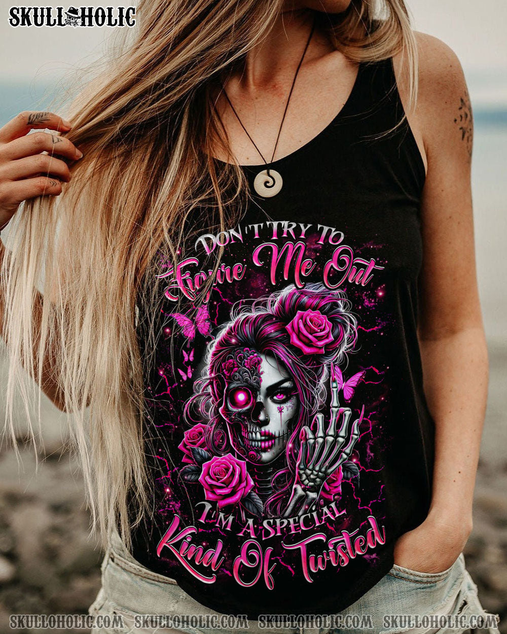 DON'T TRY TO FIGURE ME OUT SKULL MESSY BUN ALL OVER PRINT   - TLNZ2503251