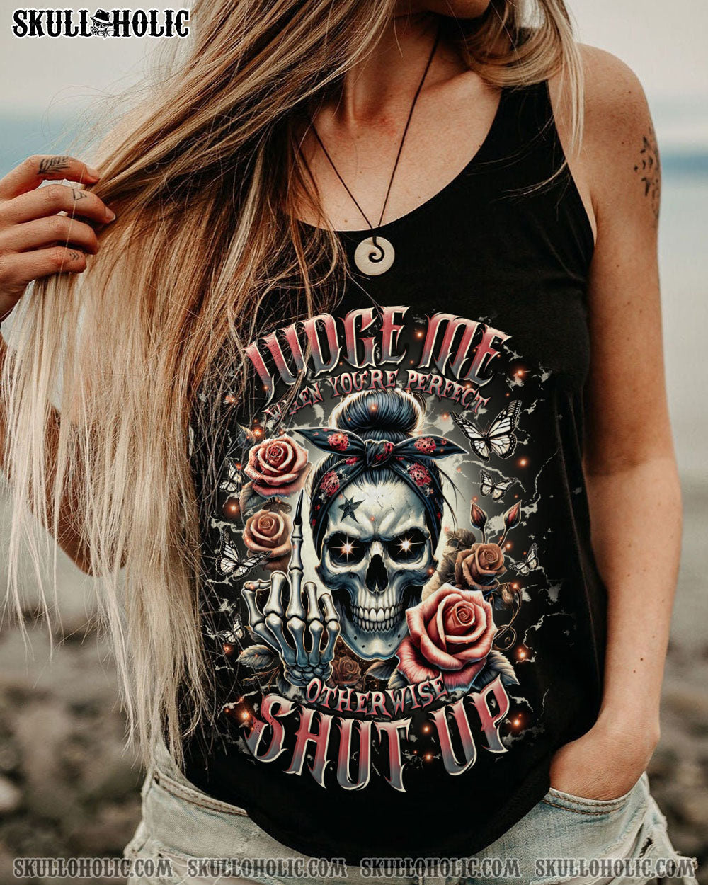 JUDGE ME WHEN SKULL MESSY BUN  ALL OVER PRINT   - TLTR0304251