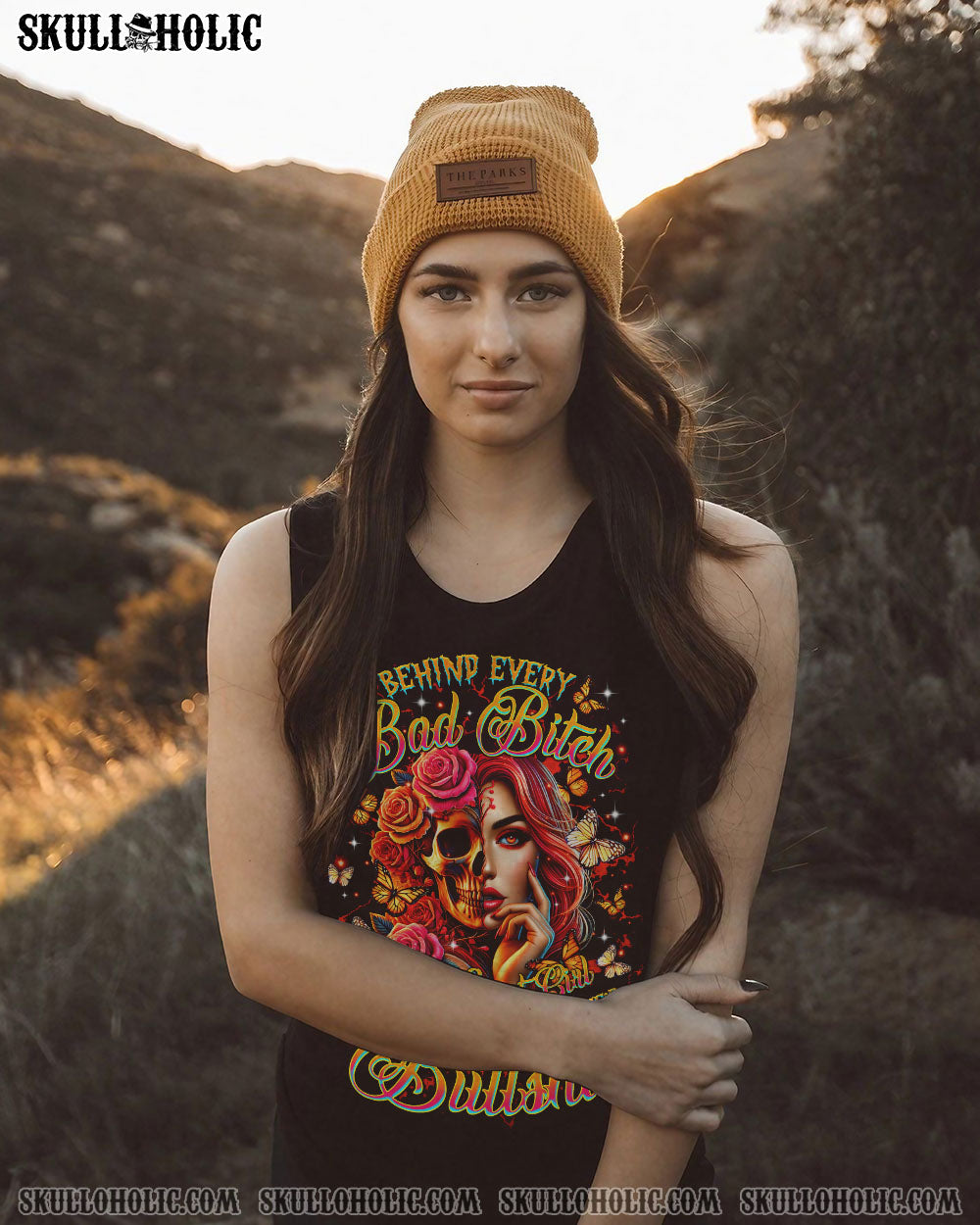 BEHIND EVERY BAD B MESSY BUN SKULL ALL OVER PRINT - TLTR2503254