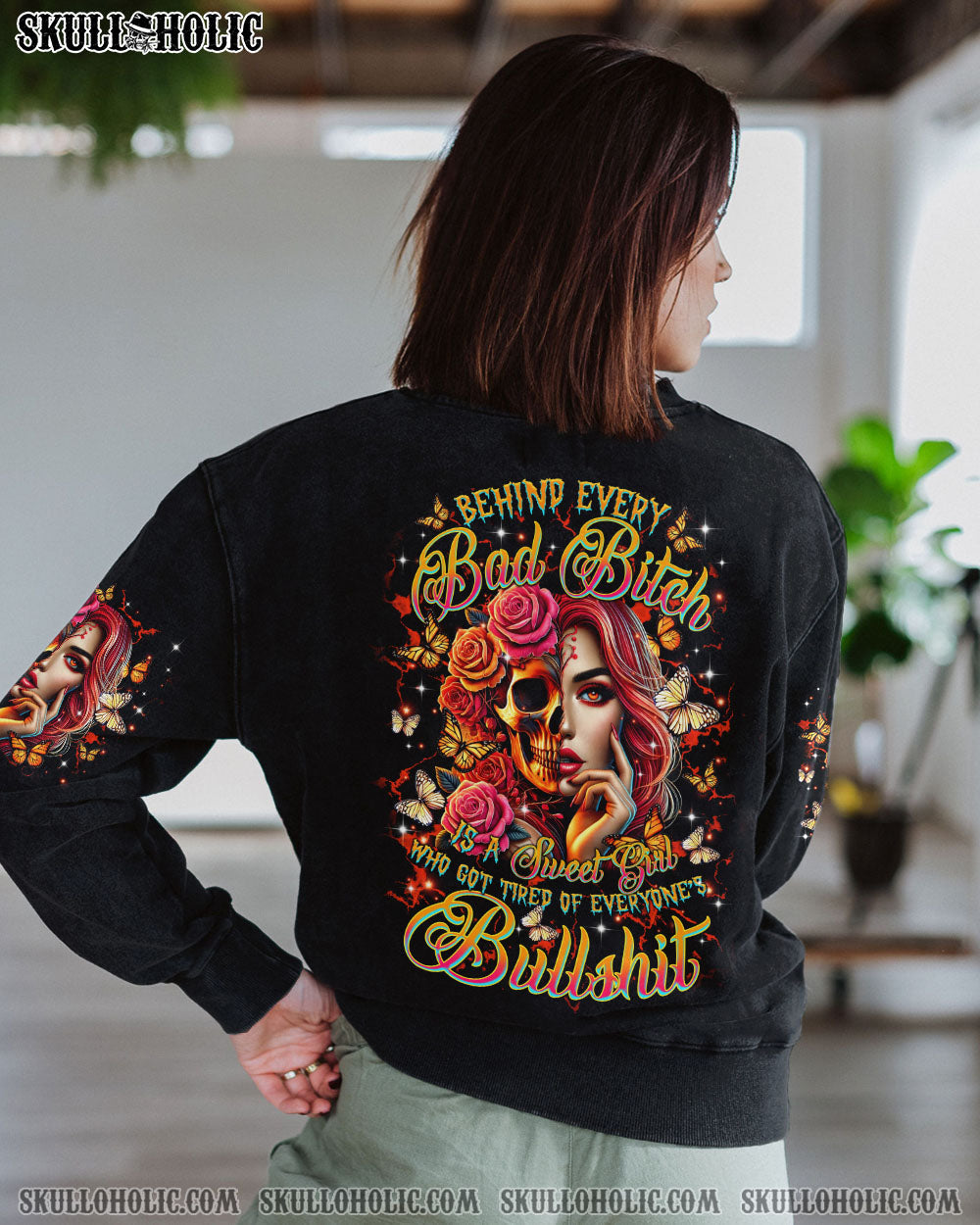 BEHIND EVERY BAD B MESSY BUN SKULL ALL OVER PRINT - TLTR2503254