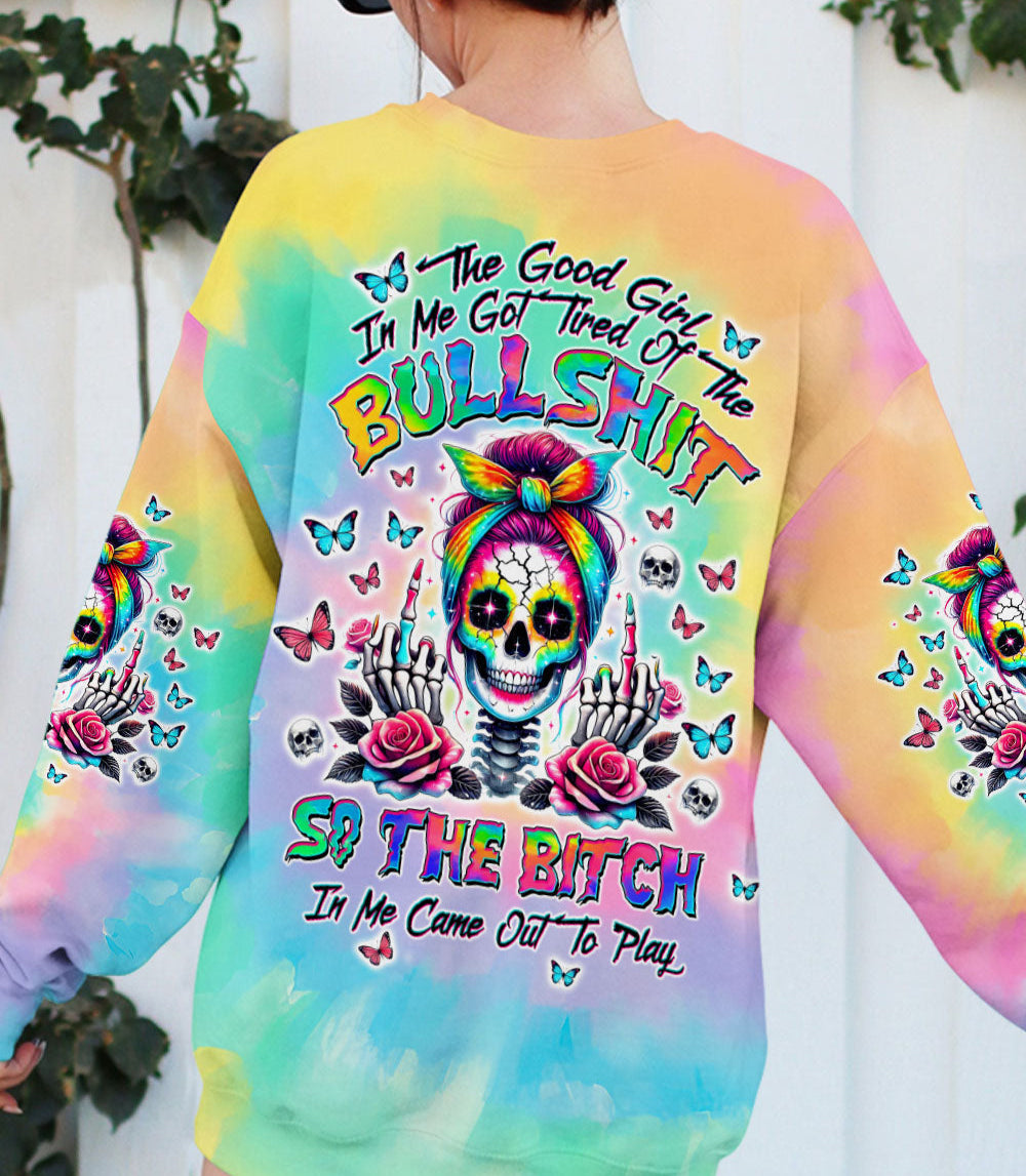 THE GOOD GIRL IN ME GOT TIRED SKULL MESSY BUN TIE DYE ALL OVER PRINT  - TLTW0403251
