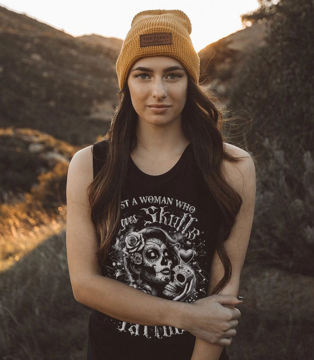 JUST A WOMAN WHO LOVES SKULL AND HAS TATTOOS ALL OVER PRINT - YHDU2802253