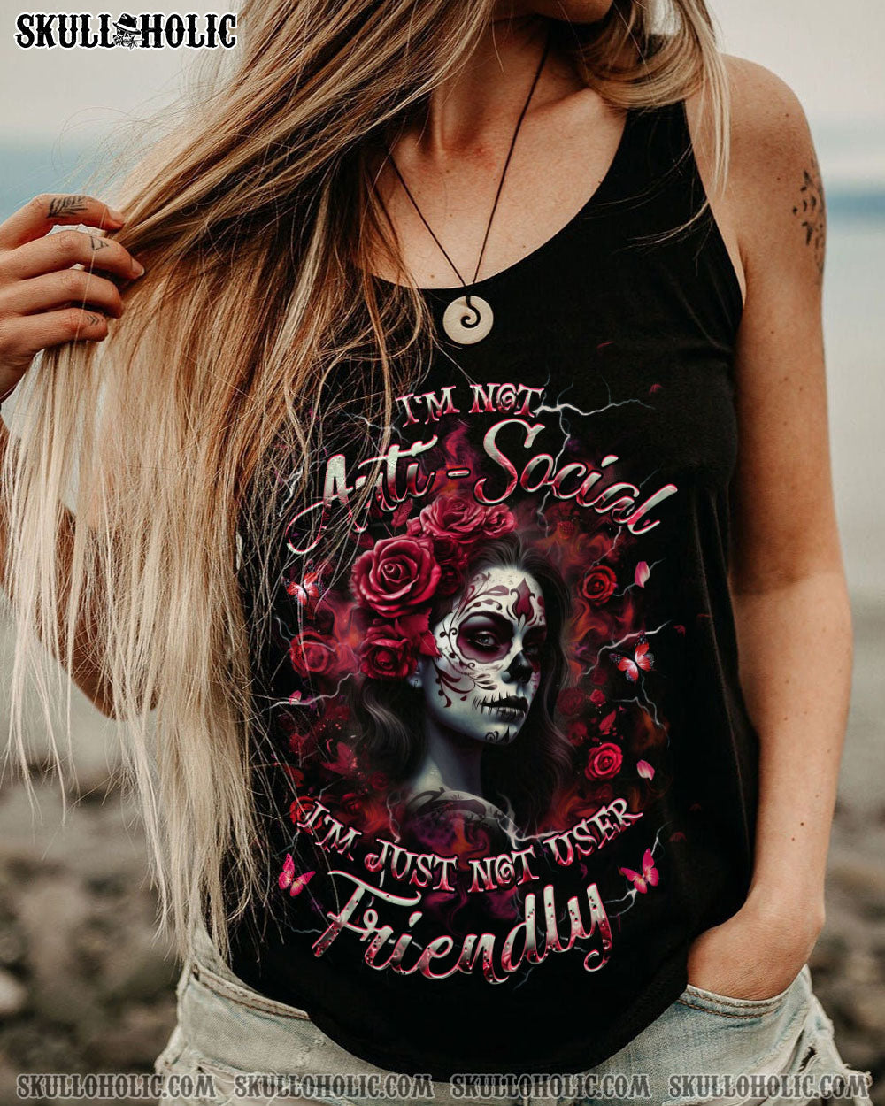 I'M NOT ANTI-SOCIAL SKULL LADY ALL OVER PRINT - YHHG1904251