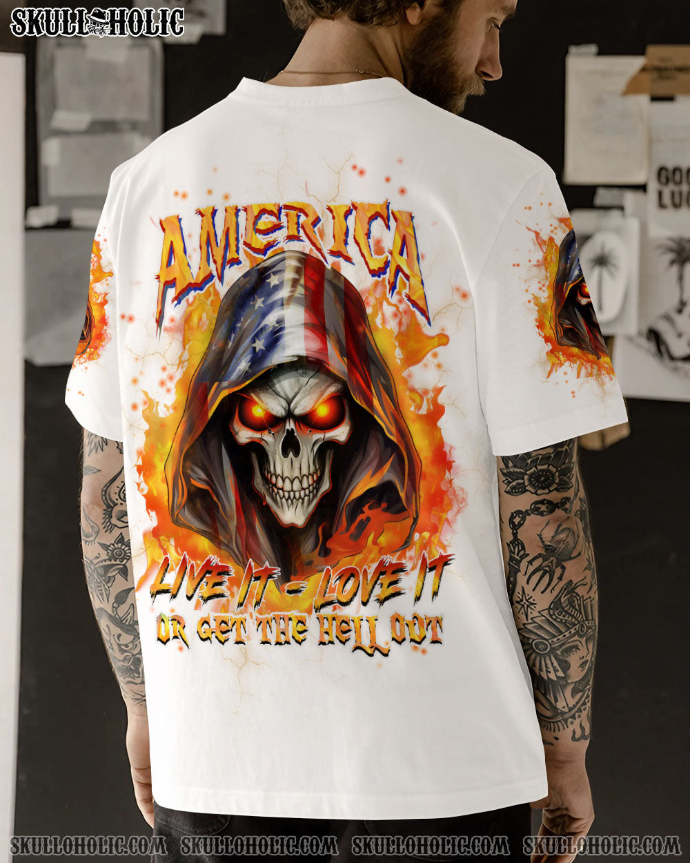 AMERICA LIVE IT LOVE IT OR GET THE HELL OUT SKULL ALL OVER PRINT - YHHN0501241