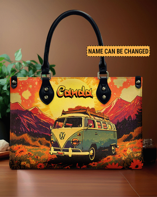 Camping Scene Leather Handbag